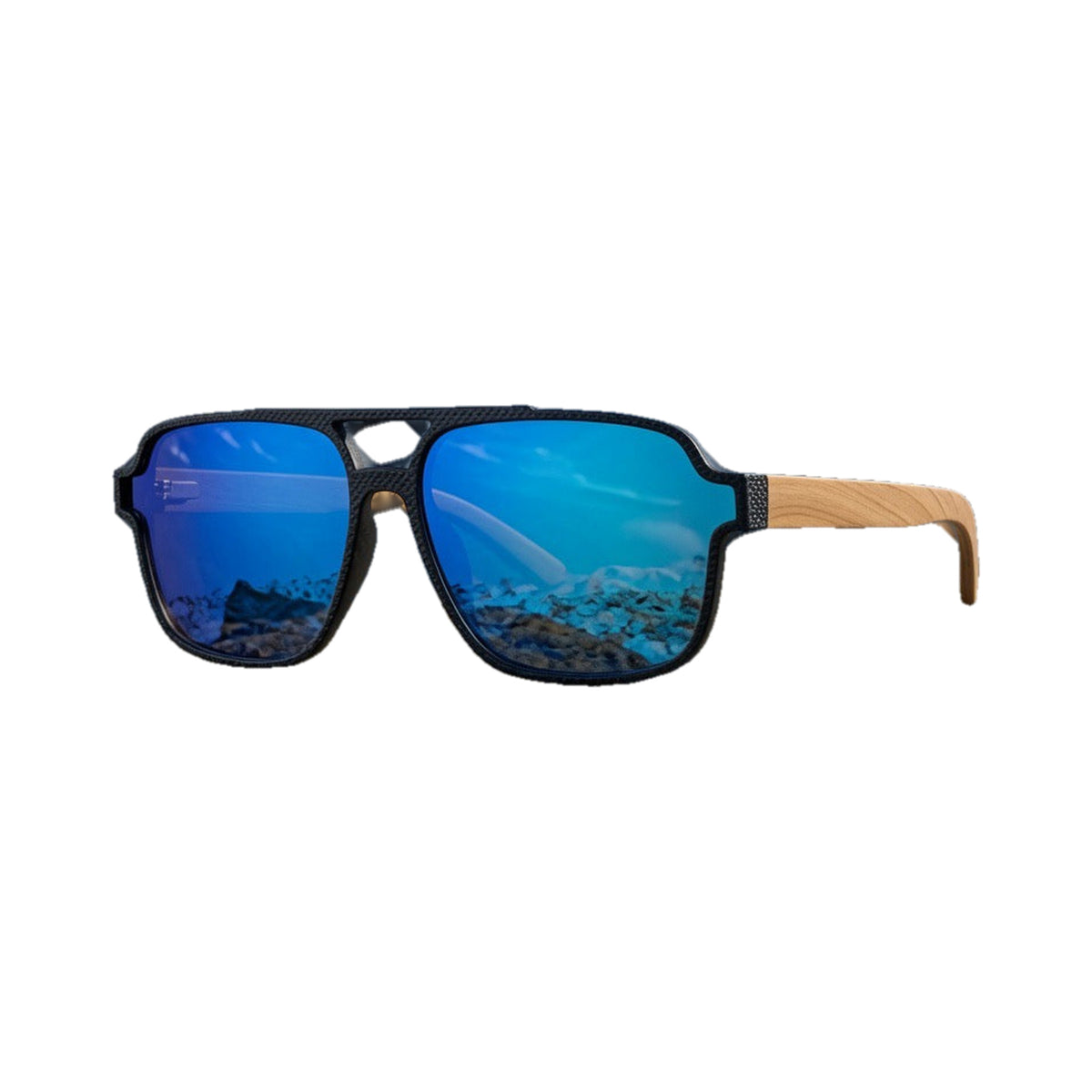 Flight Club Blue bamboo sunglasses on white background
