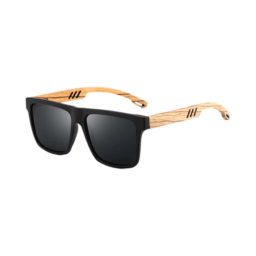 Panda Eclipse matte black sunglasses with zebrawood temples, three-quarter view