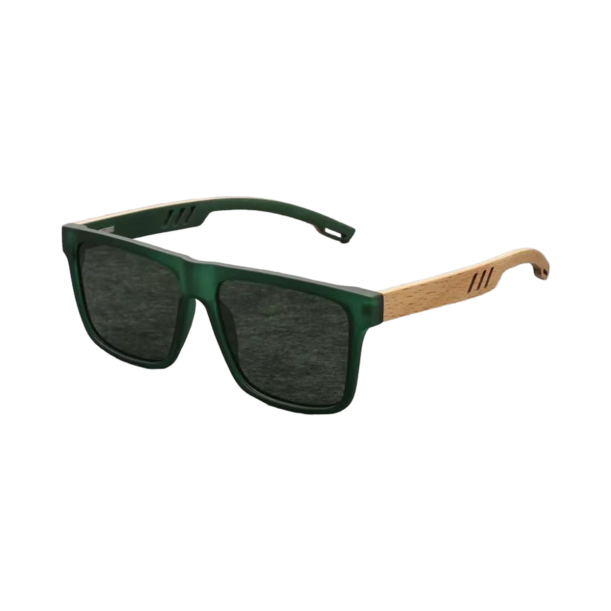 Panda Green Forest matte green sunglasses with bamboo temples, three-quarter view