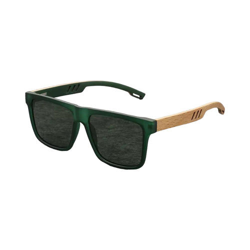 Panda Green Forest matte green sunglasses with bamboo temples, three-quarter view