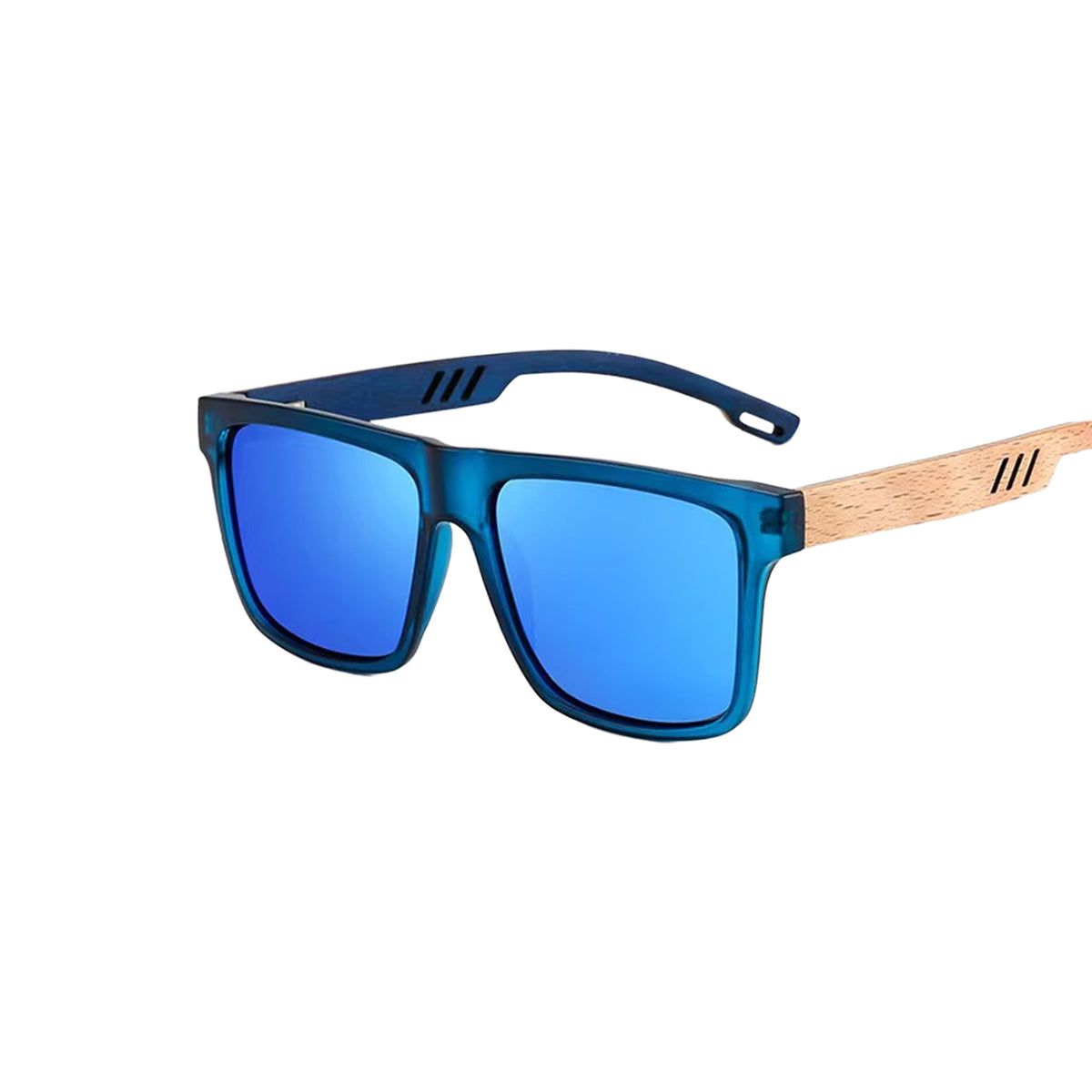 Panda Ocean blue sunglasses with blue mirrored lenses and bamboo temples, three-quarter view