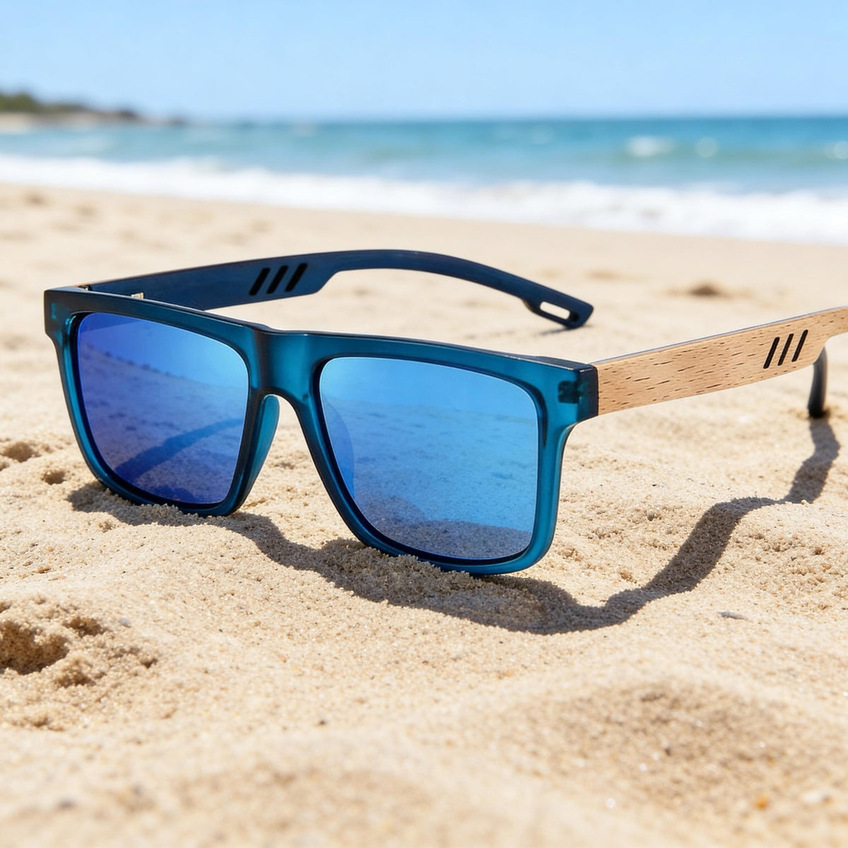 Panda Ocean polarized bamboo sunglasses on a beach
